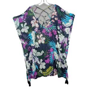 Kona Sol Lattice Back Sheer Chiffon Kaftan Swim Cover Up Dress Florals Sz L NWOT